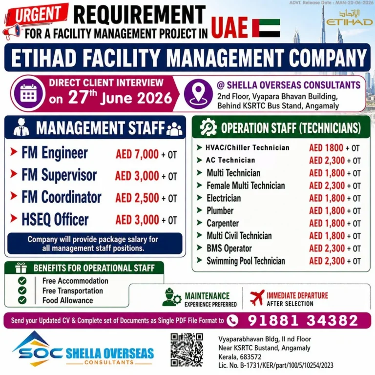 UAE Etihad Facility Management Company Recruitment 2026 – Direct Client Interview on 27 June
