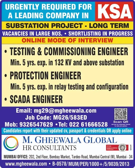 KSA Substation Project Jobs 2026 – Testing & Commissioning Engineer, Protection Engineer, SCADA Engineer Vacancies