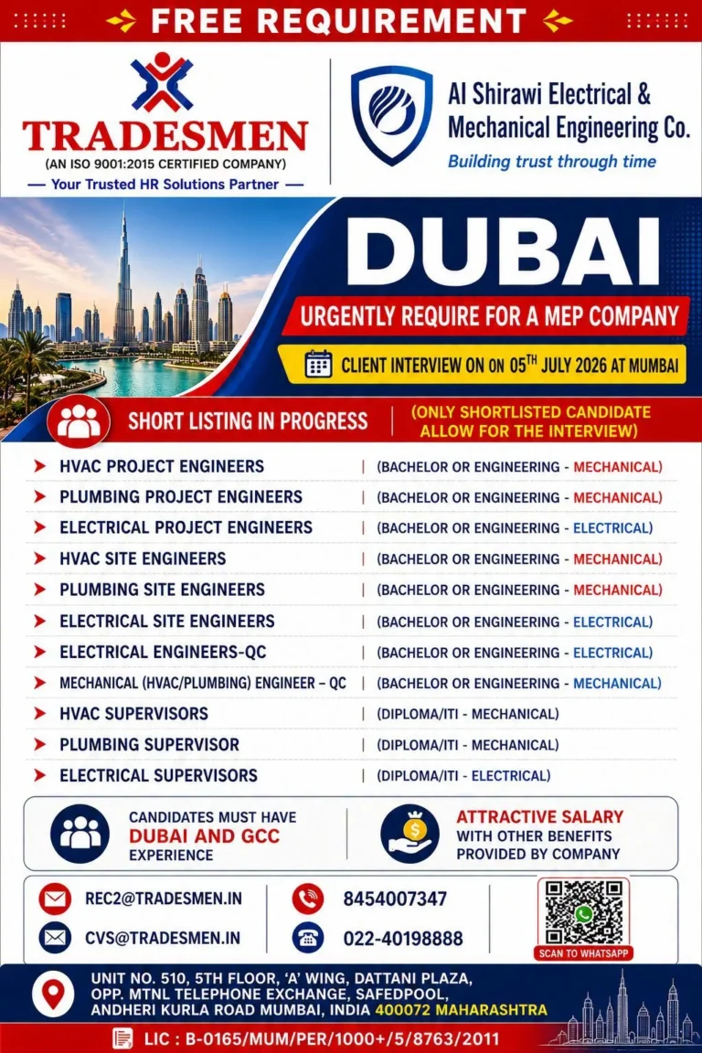 Dubai MEP Company Jobs 2026 | Free Recruitment for Engineers & Supervisors