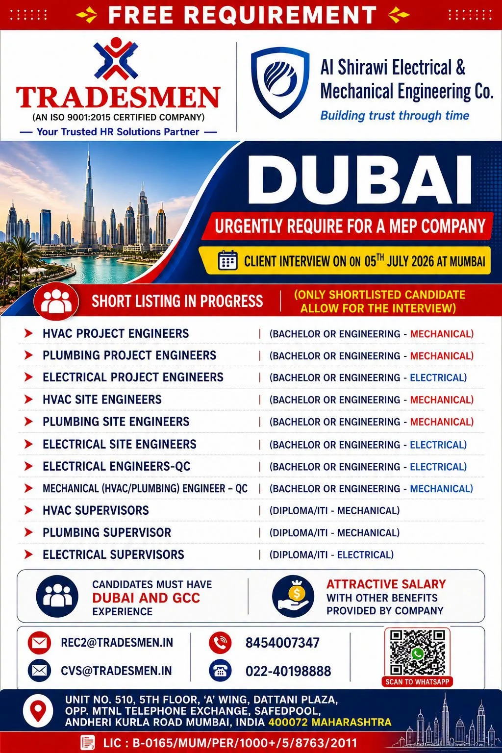 Dubai MEP Company Jobs 2026 | Free Recruitment for Engineers & Supervisors