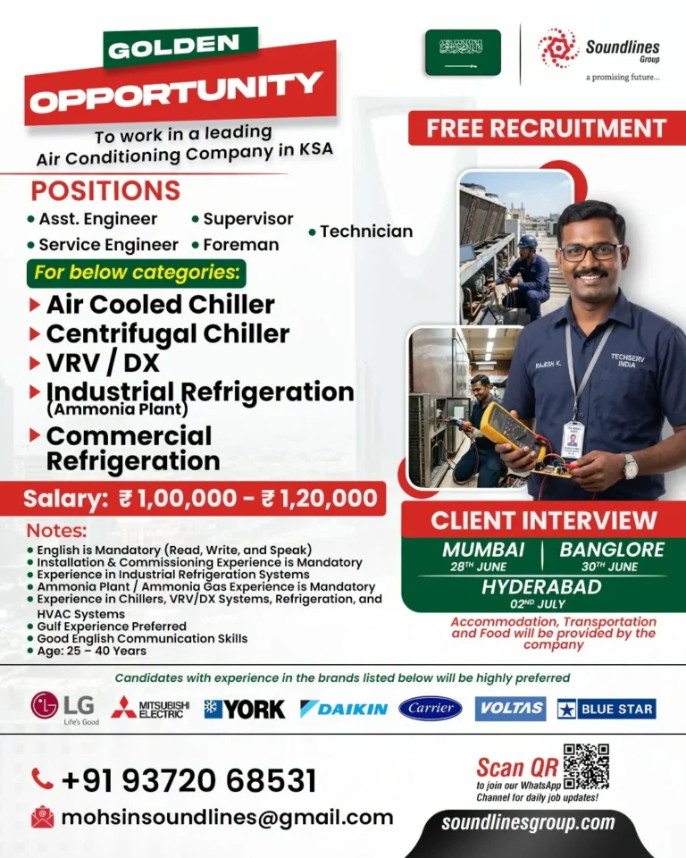 Saudi Arabia Air Conditioning Company Recruitment 2026 – Free Recruitment | Engineers, Supervisors, Foremen & Technicians