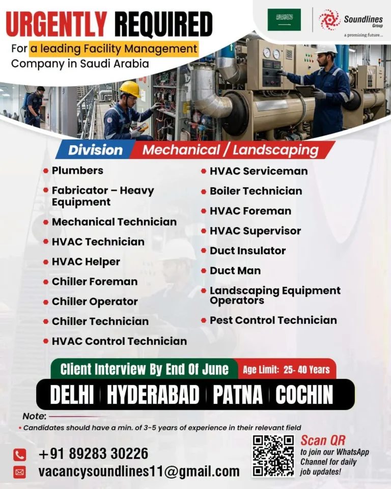 Saudi Arabia Facility Management Jobs 2026 – Urgent Recruitment for Mechanical & Landscaping Division