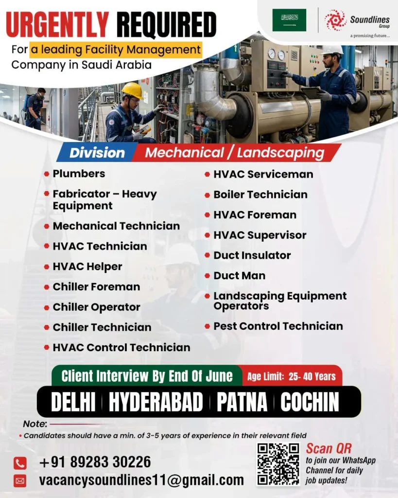 Saudi Arabia Facility Management Jobs 2026 – Urgent Recruitment for Mechanical & Landscaping Division 1 Saudi Arabia Facility Management Jobs 2026 – Urgent Recruitment for Mechanical & Landscaping Division