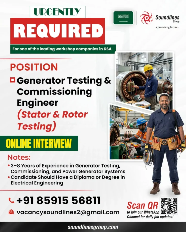 Generator Testing & Commissioning Engineer Jobs in Saudi Arabia 2026 – Online Interview