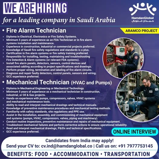 Saudi Arabia Aramco Project Hiring 2026 – Fire Alarm Technician & Mechanical Technician Jobs