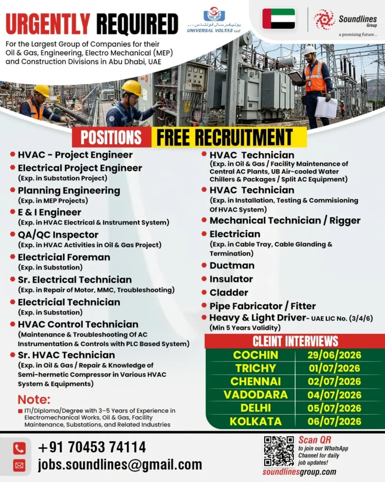 Universal Voltas LLC Abu Dhabi UAE Recruitment 2026 – Free Recruitment | Client Interviews Across India