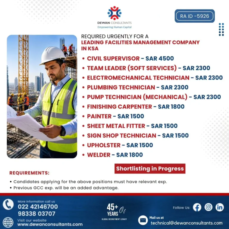 Leading Facilities Management Company Jobs in Saudi Arabia 2026 – Apply Now Through Dewan Consultants