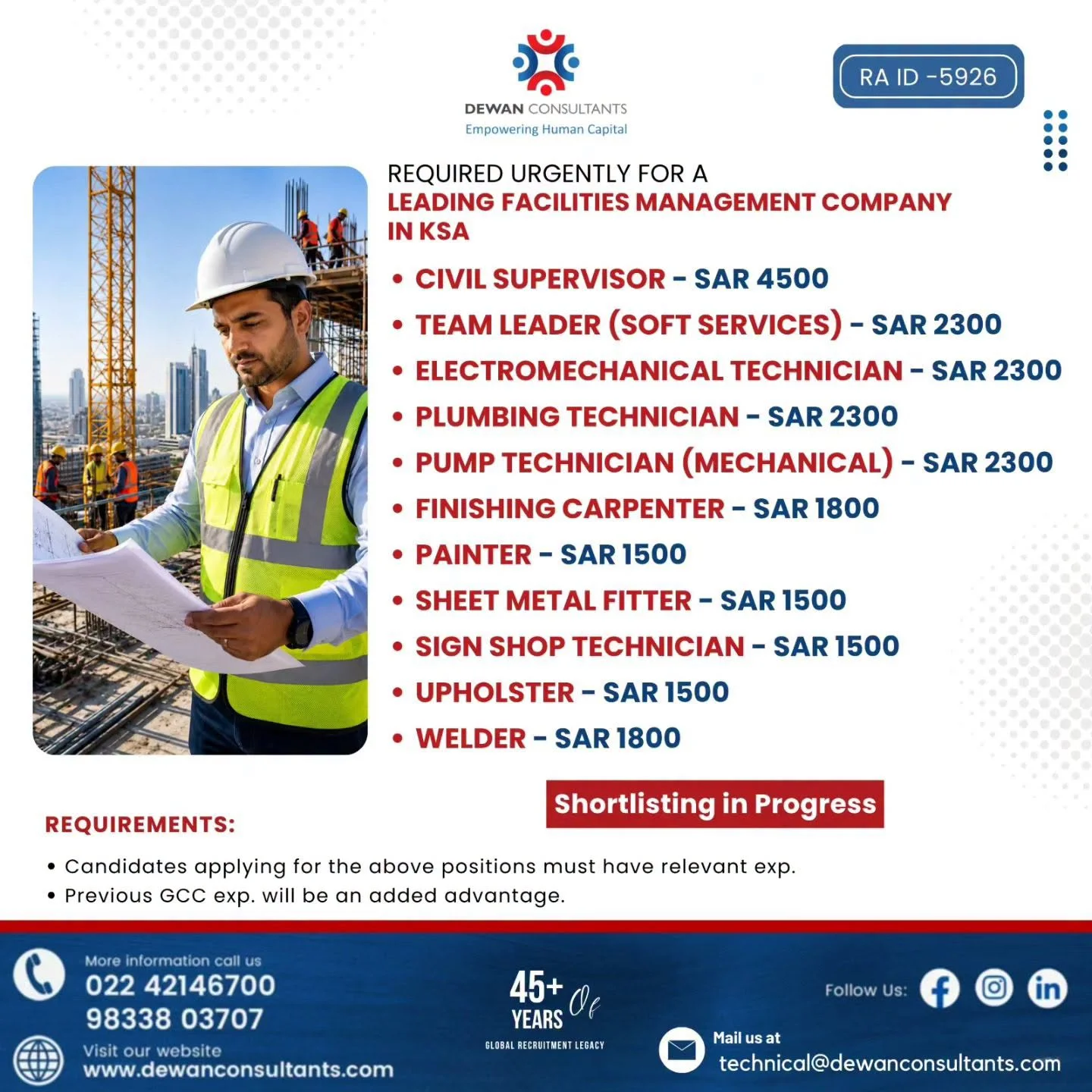 Leading Facilities Management Company Jobs in Saudi Arabia 2026 – Apply Now Through Dewan Consultants