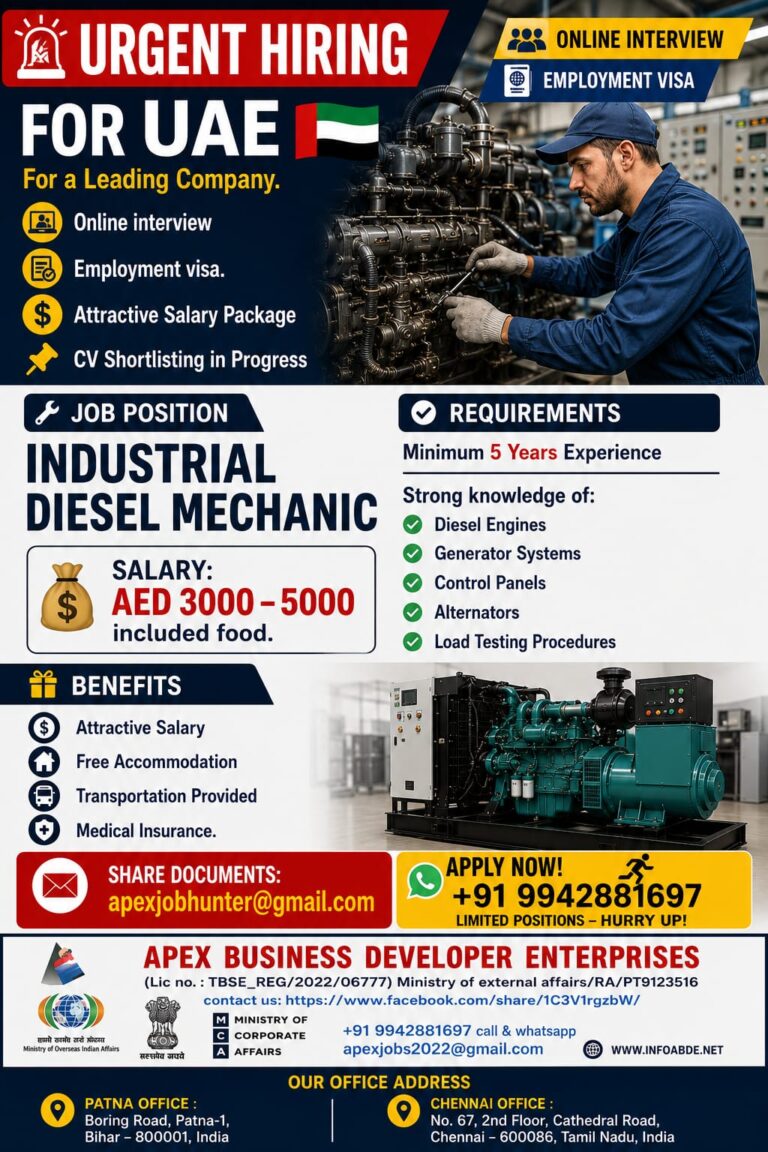 Industrial Diesel Mechanic Jobs in UAE 2026 – Immediate Hiring