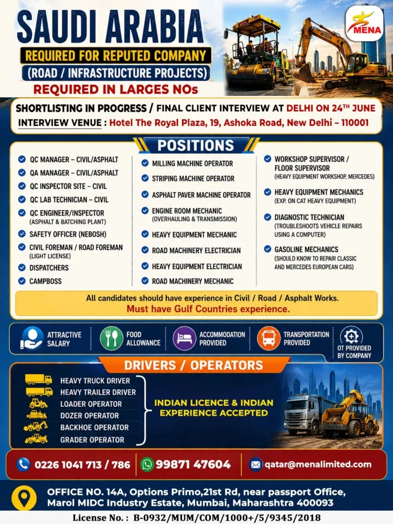 Saudi Arabia Road & Infrastructure Project Jobs 2026 – Large-Scale Hiring for Civil, Asphalt, Equipment & Driver Positions 1 Saudi Arabia Road & Infrastructure Project Jobs 2026 – Large-Scale Hiring for Civil, Asphalt, Equipment & Driver Positions