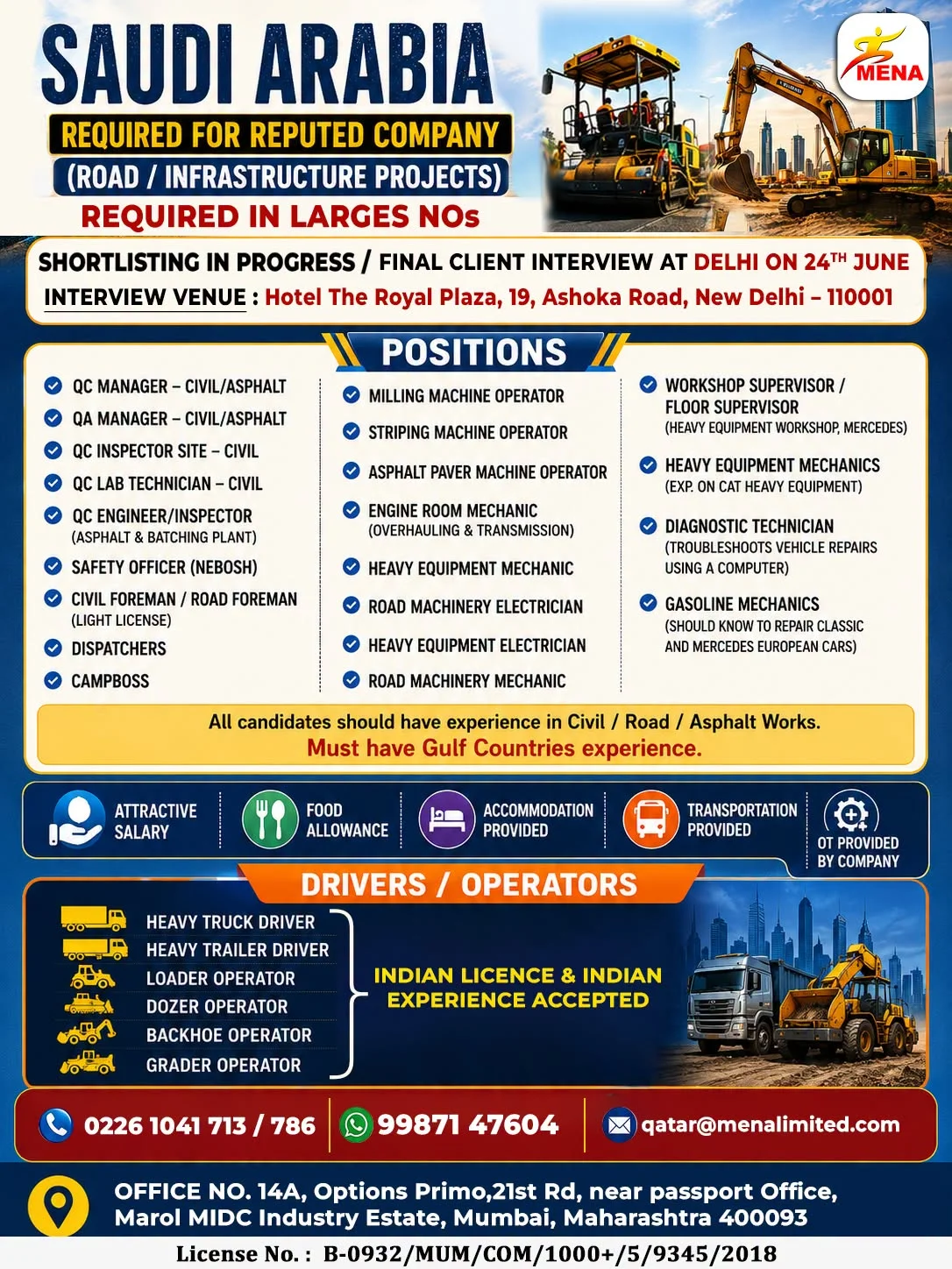 Saudi Arabia Road & Infrastructure Project Jobs 2026 – Large-Scale Hiring for Civil, Asphalt, Equipment & Driver Positions