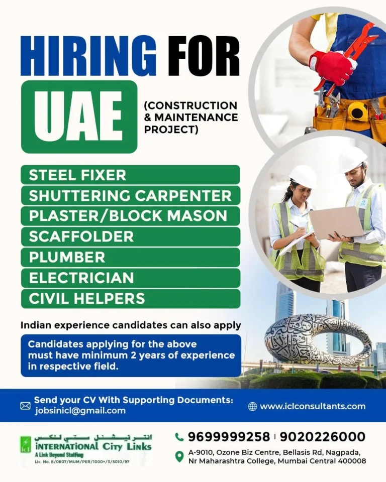 UAE Construction & Maintenance Jobs 2026 – Hiring Steel Fixers, Electricians, Plumbers & More