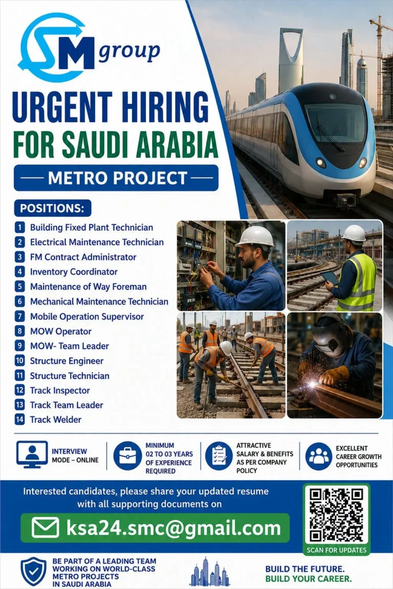 Saudi Arabia Metro Project Jobs 2026 – Urgent Hiring for Multiple Technical & Engineering Positions