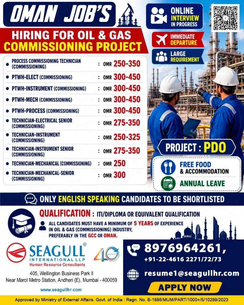 Oman Oil & Gas Commissioning Project Jobs 2026 – PDO Project | Online Interview | Free Food & Accommodation