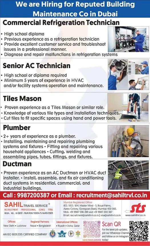 Dubai Building Maintenance Company Jobs 2026 – Commercial Refrigeration Technician, Senior AC Technician, Tiles Mason, Plumber & Ductman