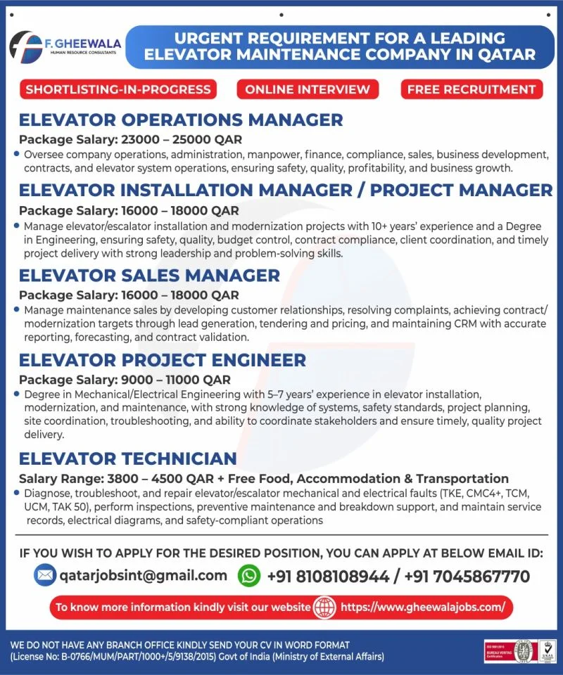 Qatar Elevator Maintenance Company Jobs 2026 – Free Recruitment | Online Interview