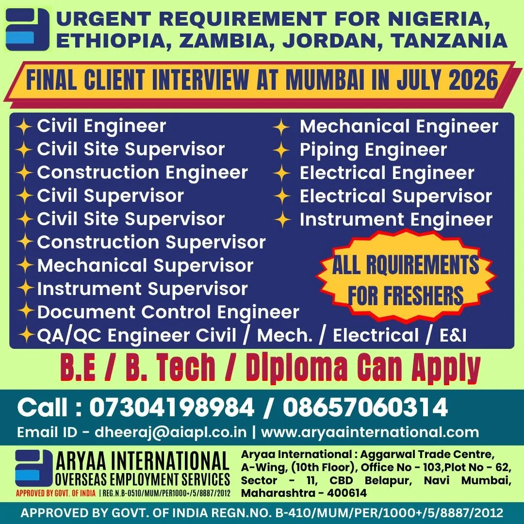 Urgent Engineering Jobs for Nigeria, Ethiopia, Zambia, Jordan & Tanzania – Final Client Interview in Mumbai (July 2026)