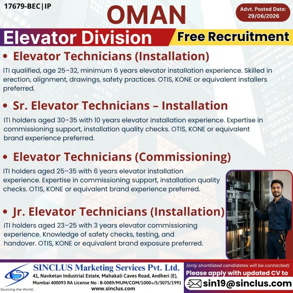 Oman Elevator Division Jobs 2026 – Free Recruitment | Apply for Elevator Technician Vacancies