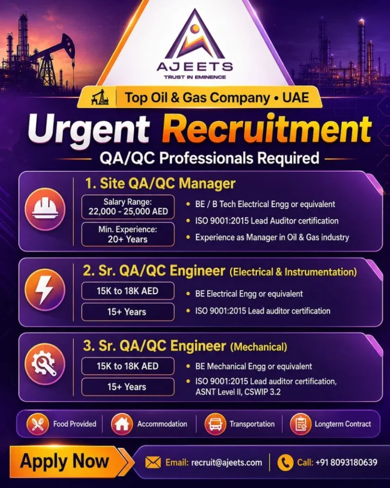UAE Oil & Gas QA/QC Jobs 2026 – Immediate Hiring for Experienced Professionals