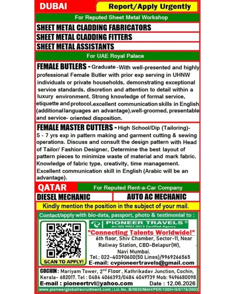 Dubai & Qatar Job Vacancies 2026 | Sheet Metal, Female Butler, Master Cutter, Mechanic Jobs