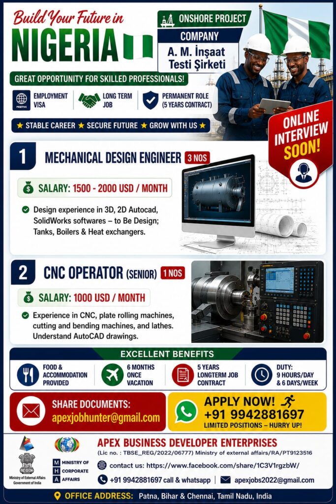 Nigeria Onshore Project Recruitment 2026 – Mechanical Design Engineer & CNC Operator Jobs