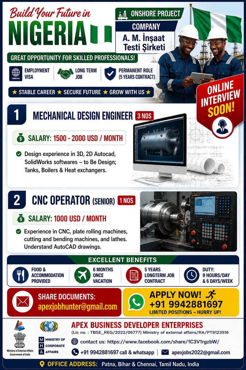 Nigeria Onshore Project Recruitment 2026 – Mechanical Design Engineer & CNC Operator Jobs