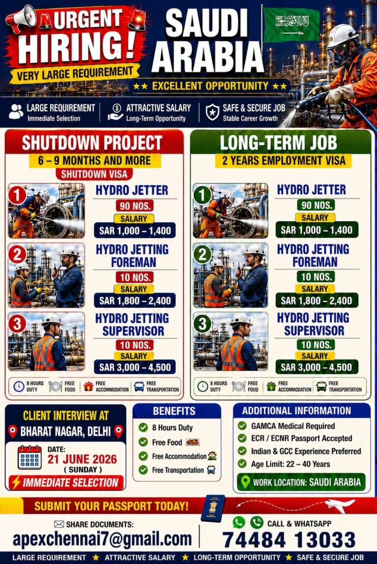 Saudi Arabia Hydro Jetting Jobs 2026 – Immediate Selection for Shutdown & Long-Term Projects