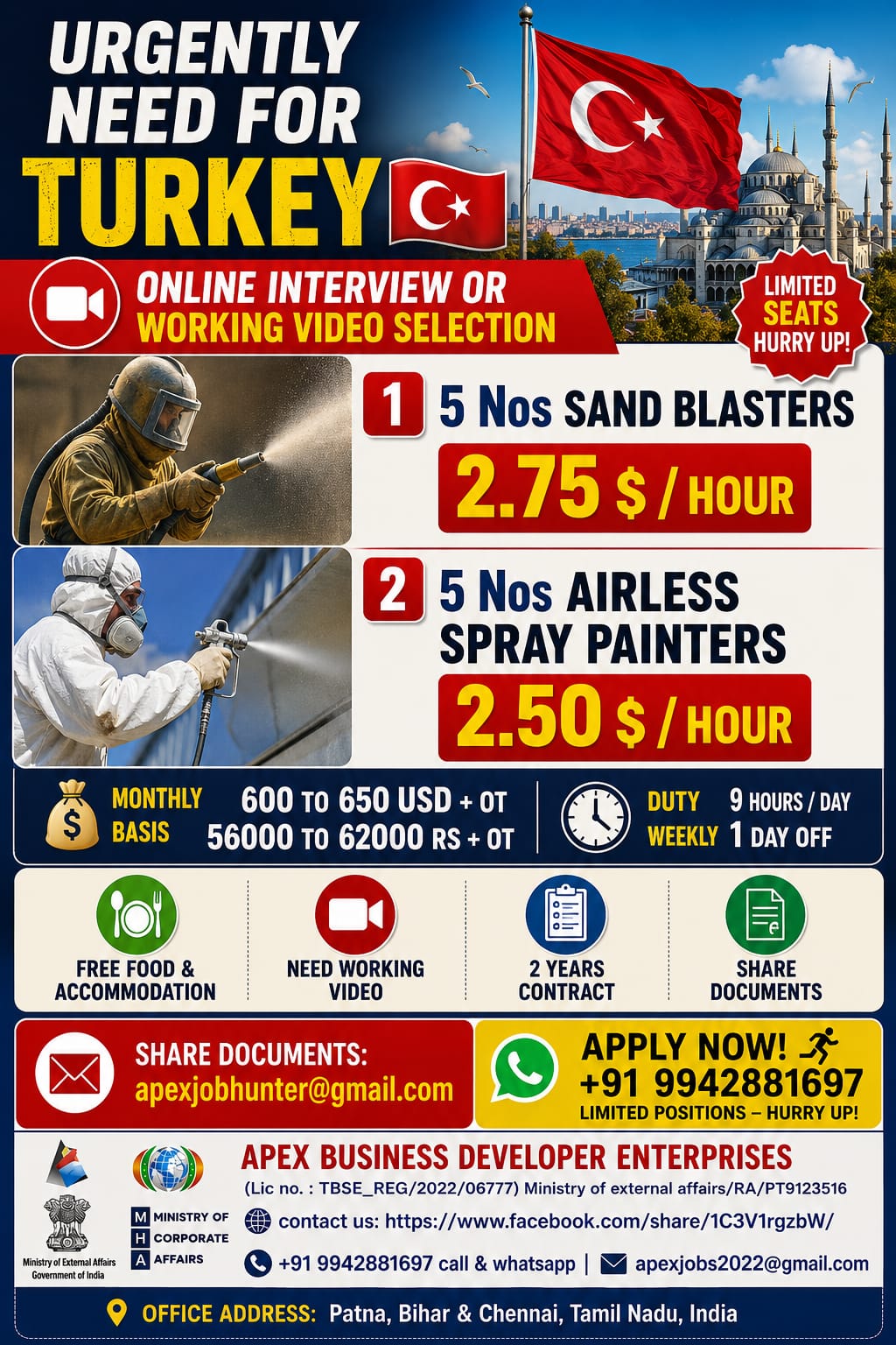 Turkey Job Vacancy 2026 – Urgent Requirement for Sand Blasters & Airless Spray Painters
