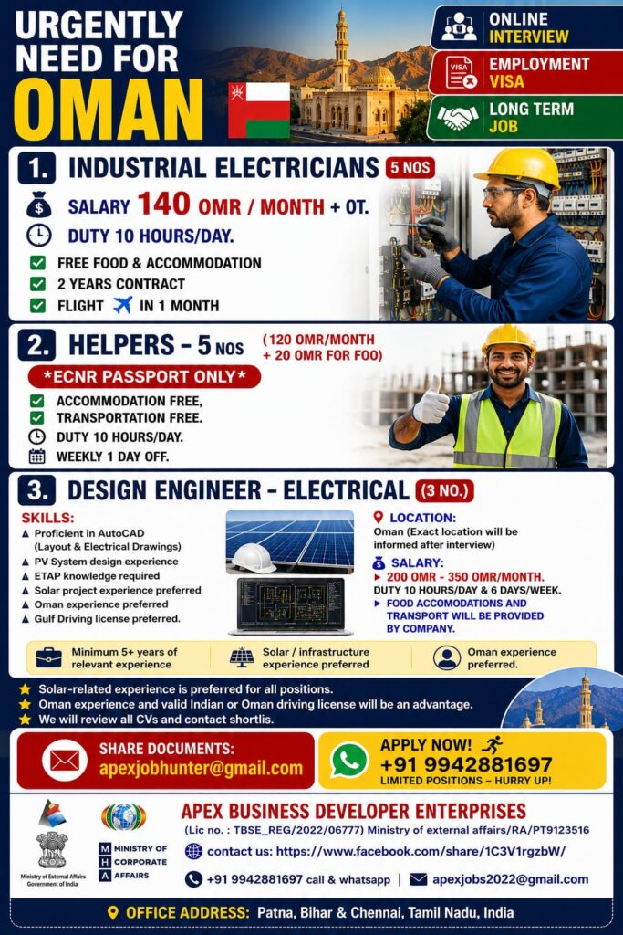 Oman Job Vacancies 2026 – Industrial Electricians, Helpers & Design Engineer (Electrical) 1 Oman Job Vacancies 2026 – Industrial Electricians, Helpers & Design Engineer (Electrical)