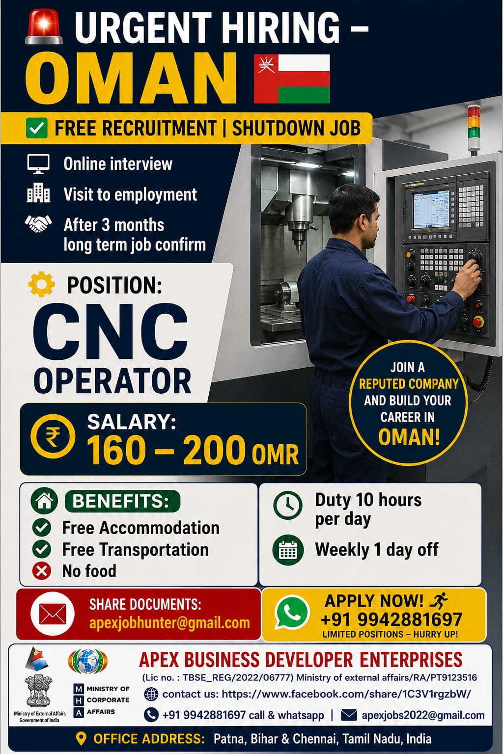 CNC Operator Jobs in Oman 2026 – Free Recruitment | Shutdown Project | Apply Online