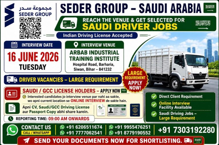 Seder Group Saudi Arabia Driver Jobs 2026 – Direct Client Recruitment | Large Requirement for Saudi Drivers