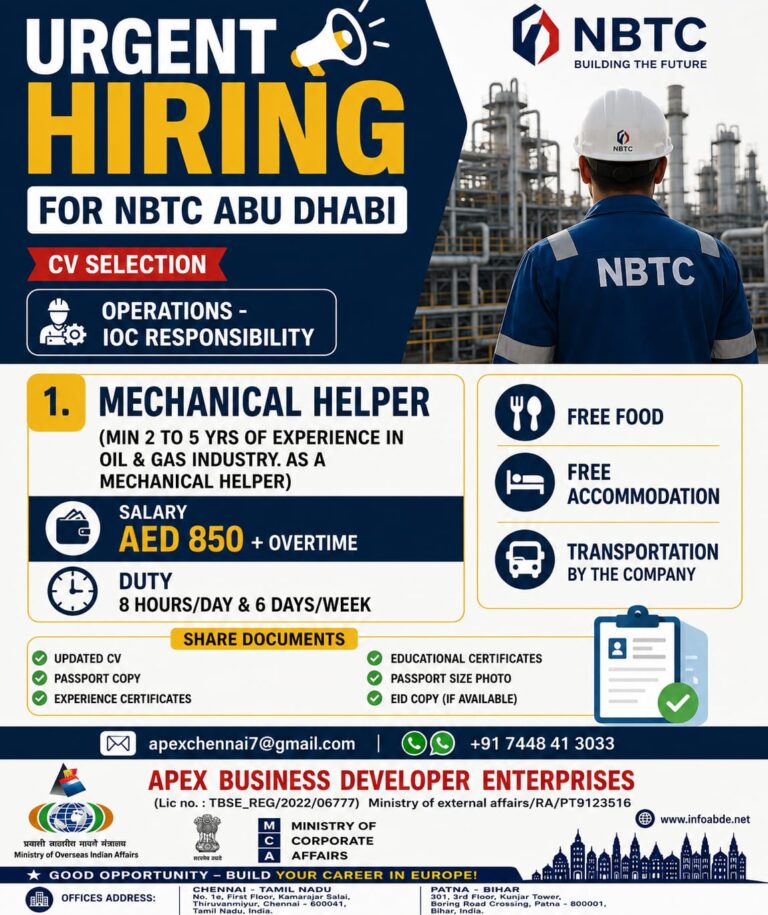 NBTC Abu Dhabi Hiring Mechanical Helpers – UAE Oil & Gas Jobs 2026