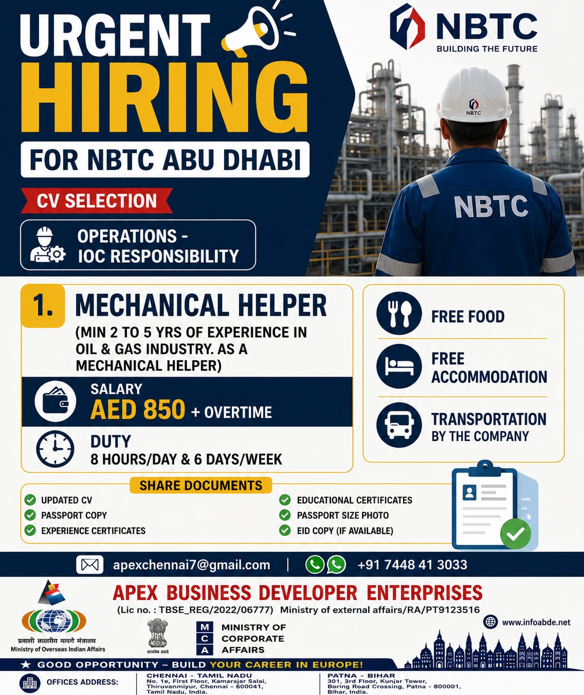 NBTC Abu Dhabi Hiring Mechanical Helpers – UAE Oil & Gas Jobs 2026