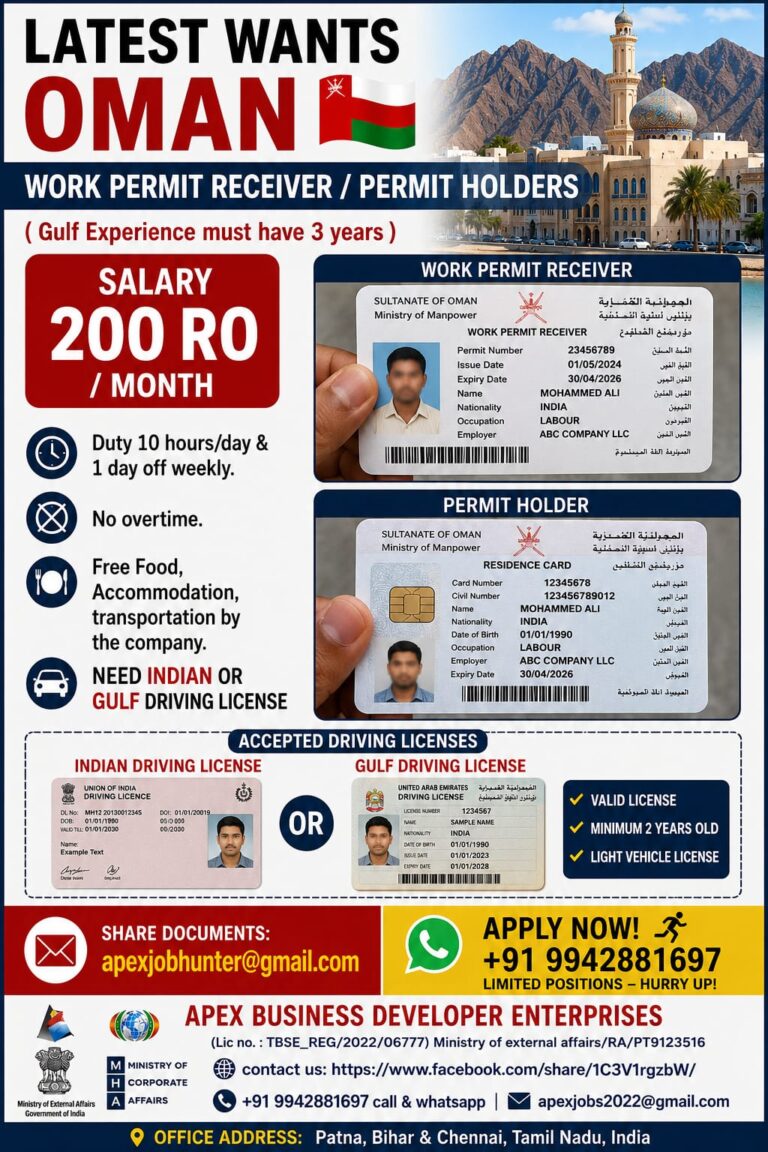 Oman Work Permit Receiver & Permit Holder Jobs 2026 – Apply Now for Driver Positions