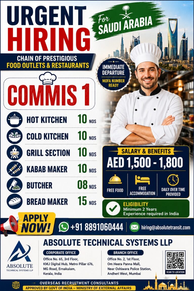 Saudi Arabia Restaurant Jobs 2026 – Urgent Hiring for Commis 1 | Immediate Departure