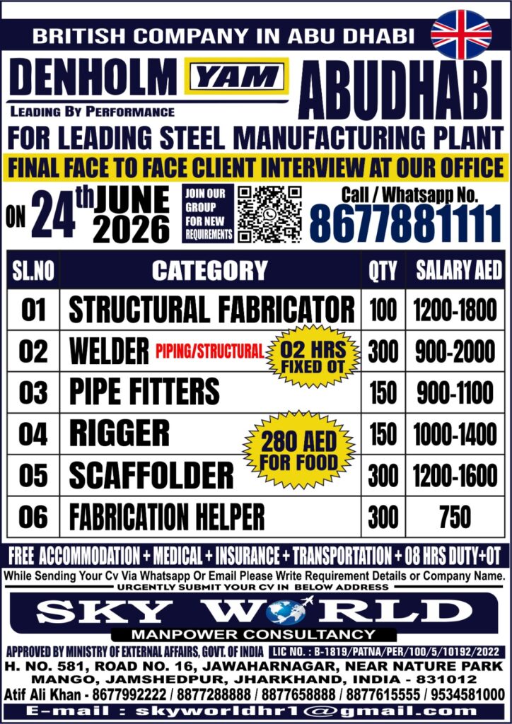 Denholm Yam Abu Dhabi Recruitment 2026 – Steel Manufacturing Plant Jobs in UAE 1 762