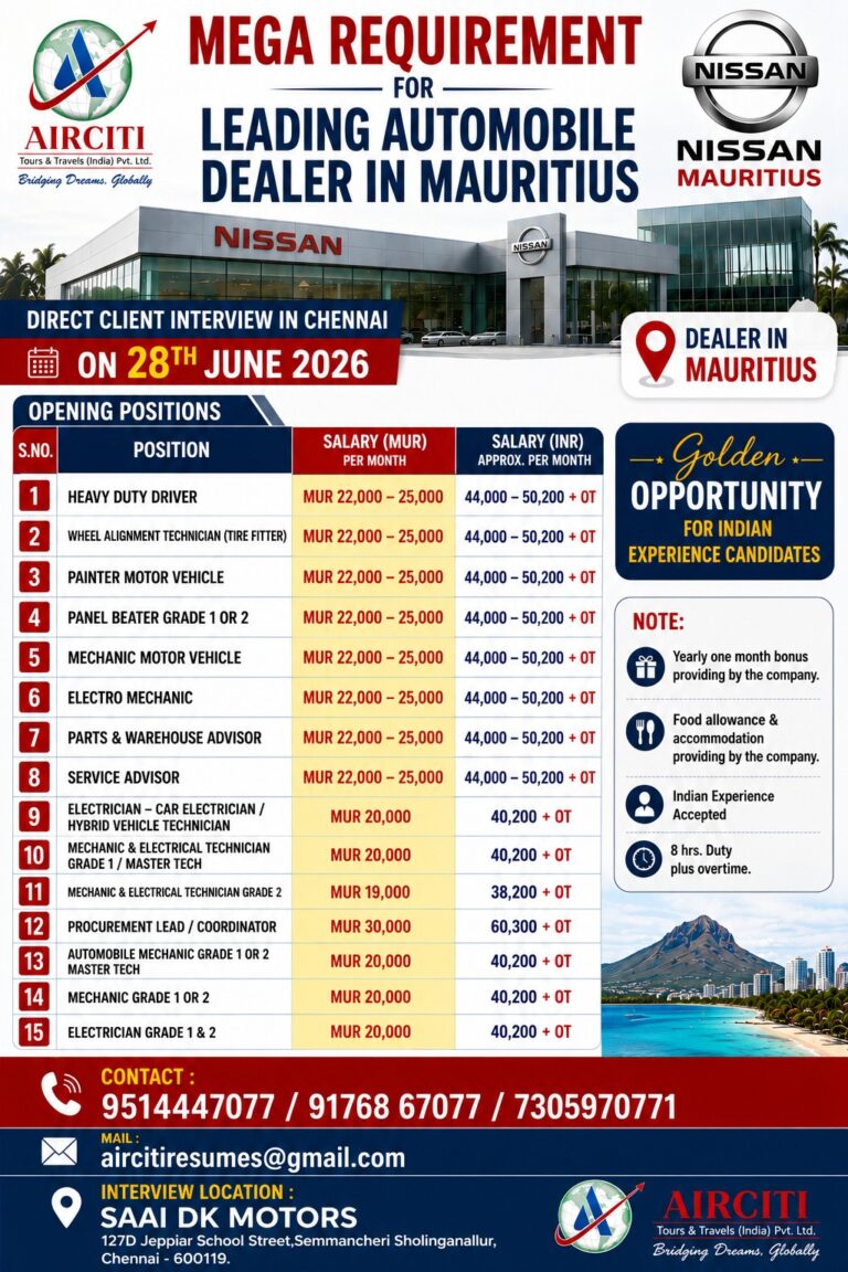 Nissan Mauritius Recruitment 2026 – Direct Client Interview in Chennai on 28 June 2026