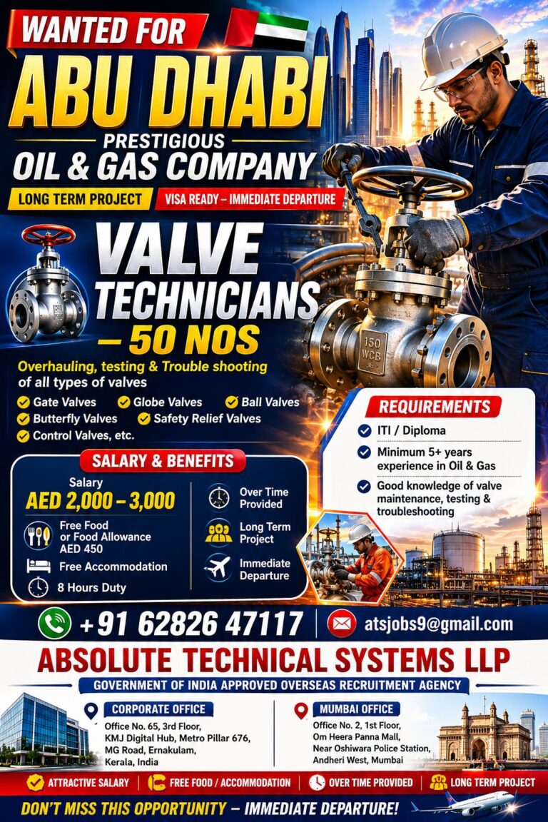 Valve Technicians Jobs in Abu Dhabi 2026 – Oil & Gas Long-Term Project | Immediate Departure