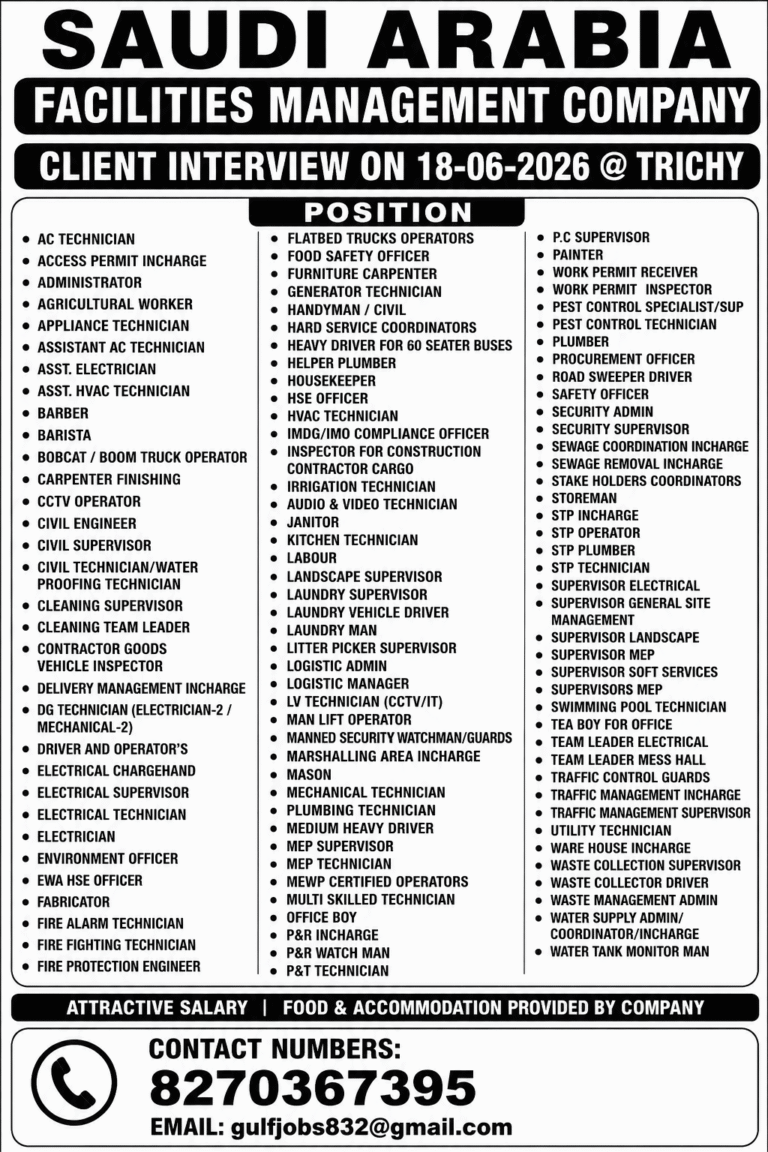 Saudi Arabia Facilities Management Company Recruitment 2026