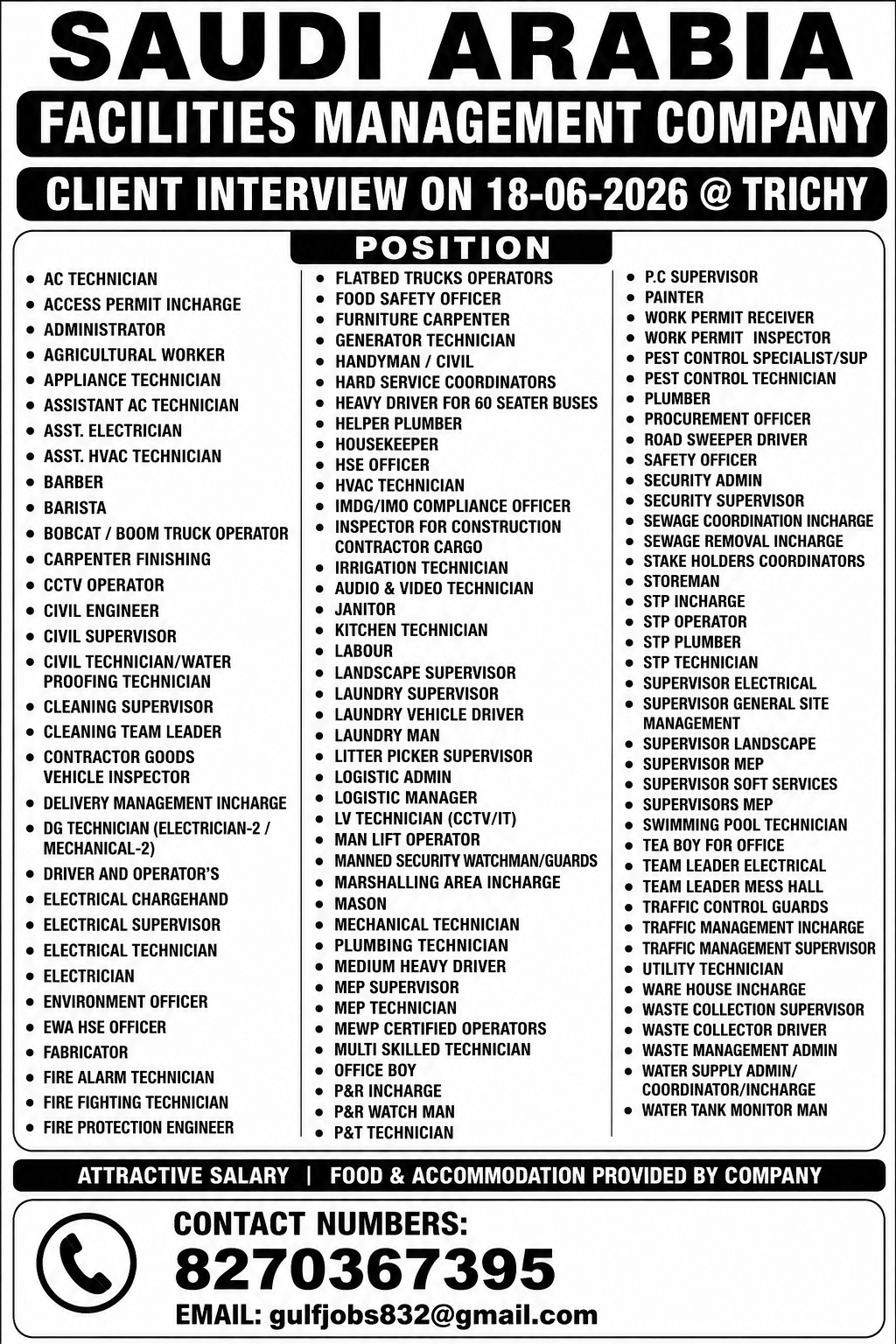 Saudi Arabia Facilities Management Company Recruitment 2026