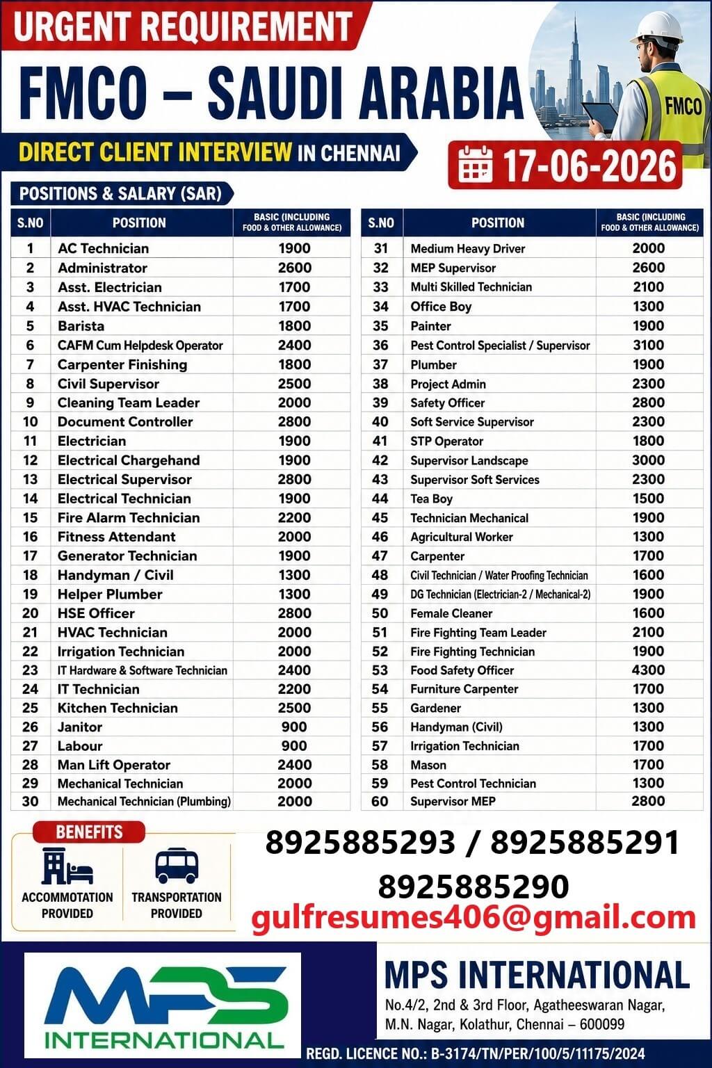 FMCO Saudi Arabia Recruitment 2026 – Direct Client Interview in Chennai | 60+ Vacancies