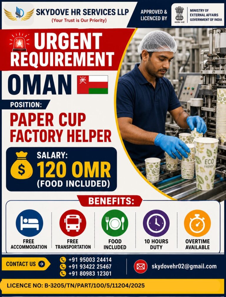 Paper Cup Factory Helper Jobs in Oman 2026 – Urgent Hiring | Food Included