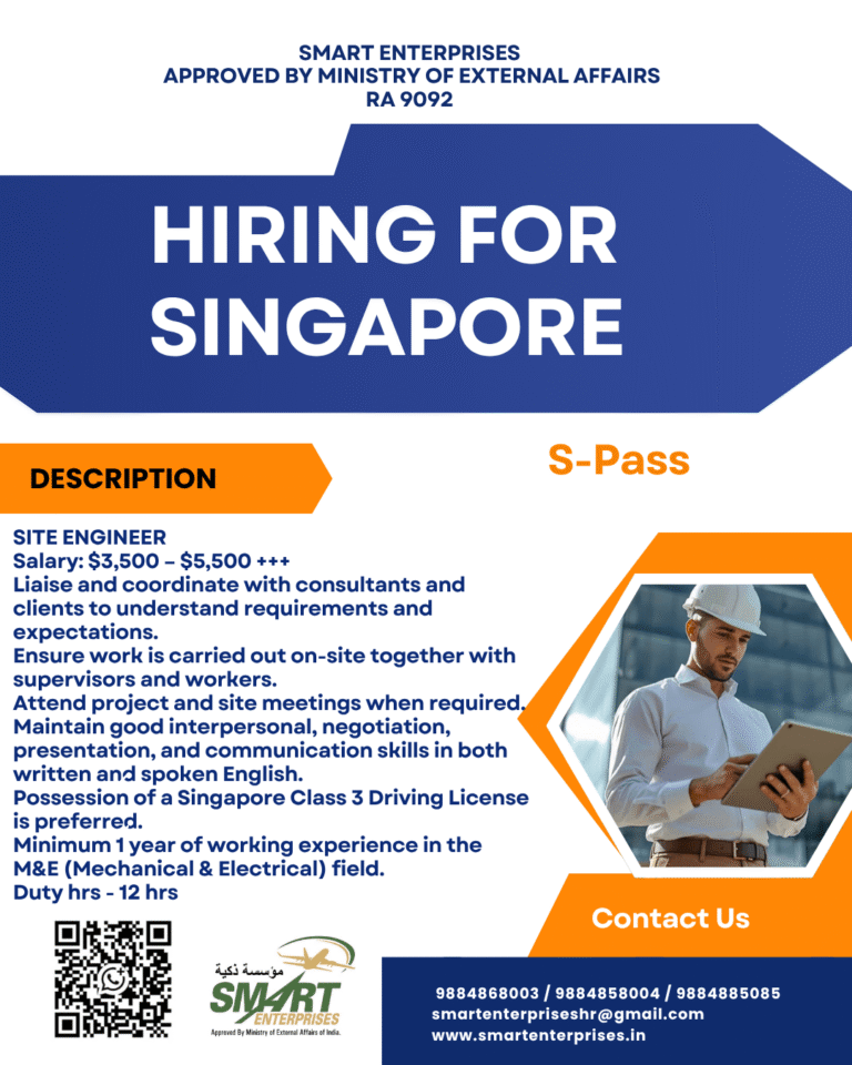 Singapore Site Engineer Jobs 2026 – S Pass Opportunities with Attractive Salary Package