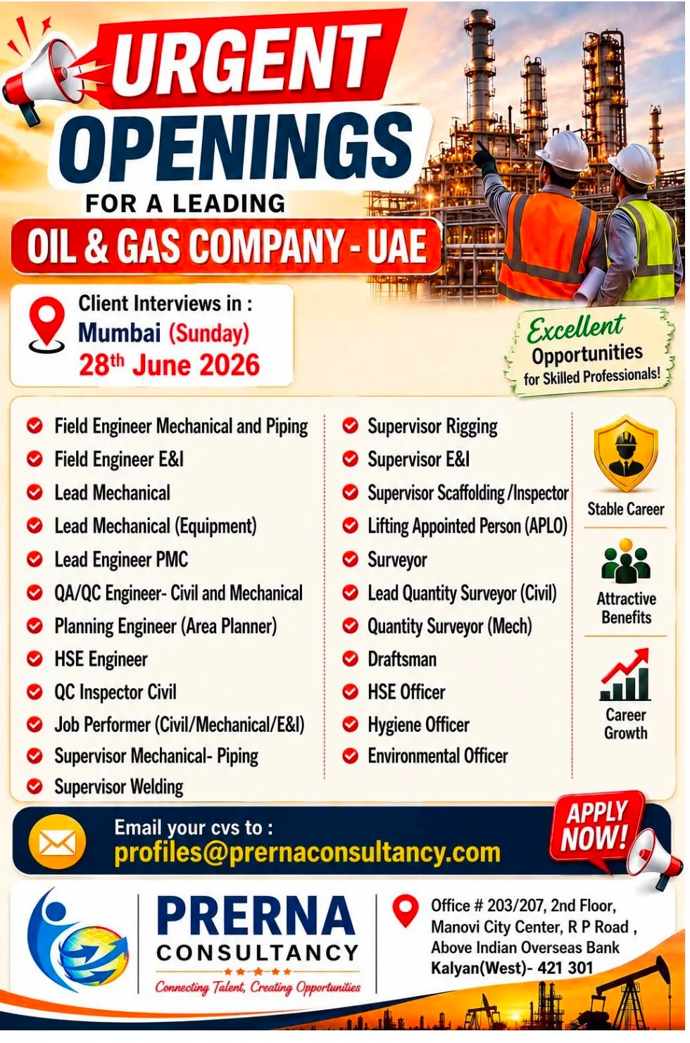 UAE Oil & Gas Company Jobs 2026 – Client Interview in Mumbai | Multiple Engineering & HSE Vacancies
