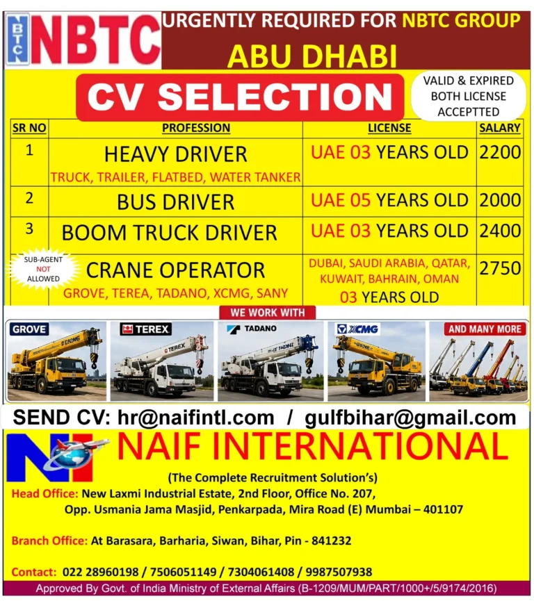 NBTC Group Abu Dhabi Driver & Crane Operator Jobs 2026 – CV Selection