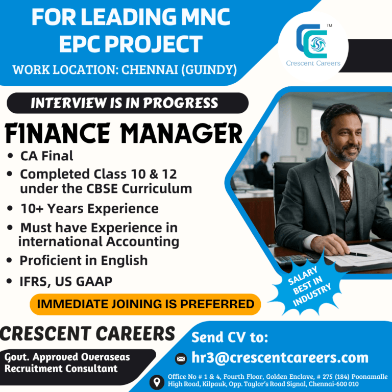 Finance Manager Job Vacancy in Chennai 2026 | Leading MNC EPC Project