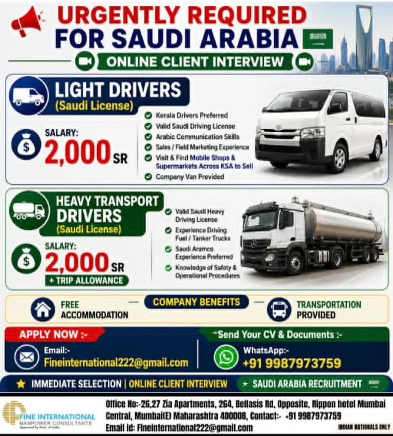 Saudi Arabia Driver Jobs 2026 – Immediate Hiring for Light & Heavy Transport Drivers