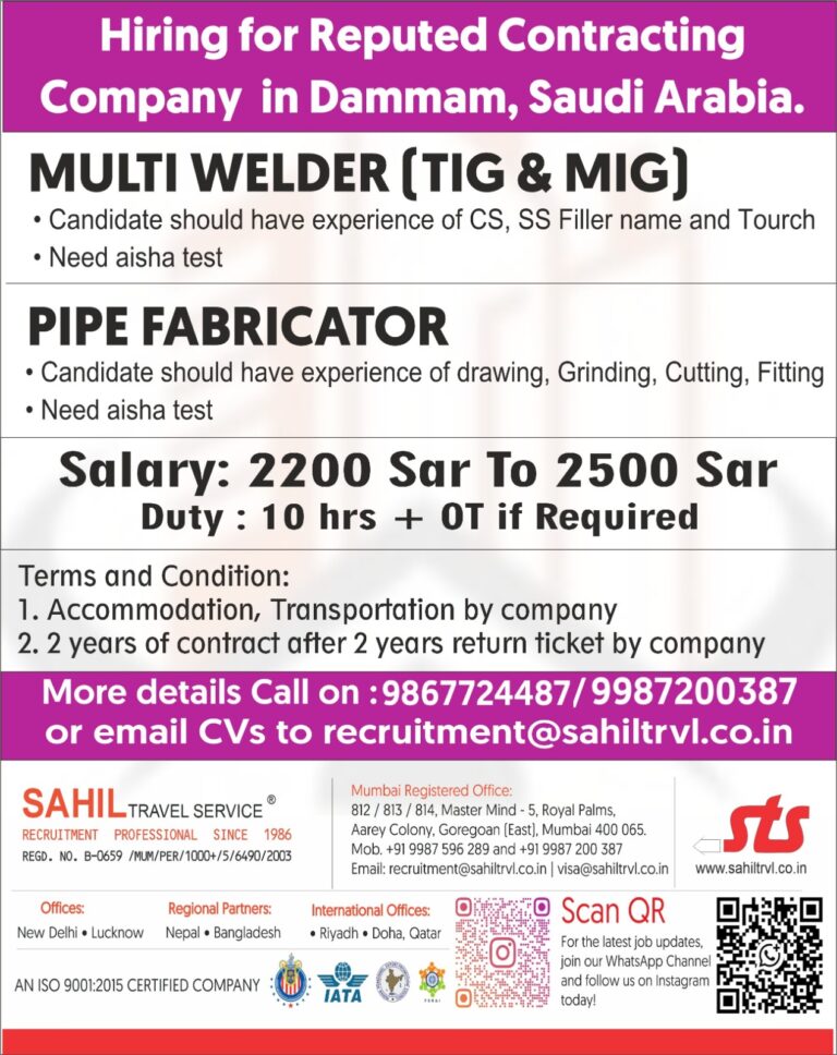 Multi Welder (TIG & MIG) & Pipe Fabricator Jobs in Dammam, Saudi Arabia – Apply Now
