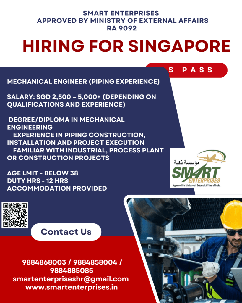 Mechanical Engineer (Piping) Jobs in Singapore 2026 – S Pass