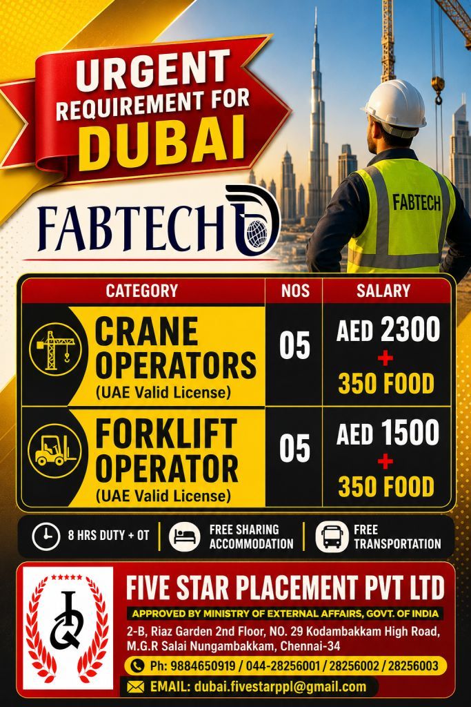 FABTECH Dubai Jobs 2026 – Crane Operators & Forklift Operators | Apply Now
